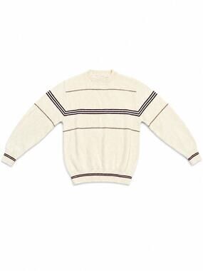 Vintage Men’s Small Cream Striped Crewneck Knit Sweater Ivory